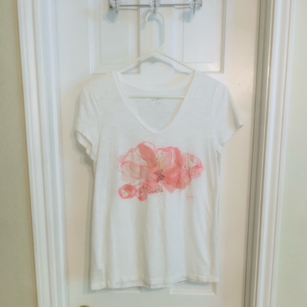 Loft Short Sleeve Top with Floral Appliqué